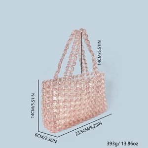 Pink handmade crystal beaded bag dimensions: 23.5cm length, 6cm width, 14cm height