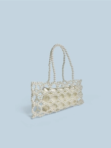 Sac à main élégant tissé en perles avec doublure satin champagne et anse en perle