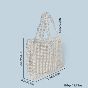 Detailed dimensions of the handmade clear beaded tote bag showing size and weight specs
