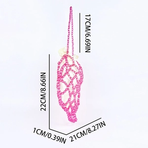 Detailed dimensions of pink beaded woven handbag showing height 22cm and width 21cm