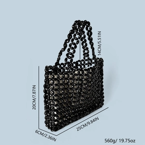 Detailed view of handmade black beaded tote bag showing exact size and weight dimensions