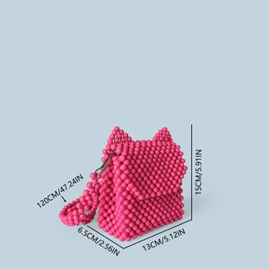 Mini sac perlé rose à oreilles de chat avec bandoulière et dimensions détaillées