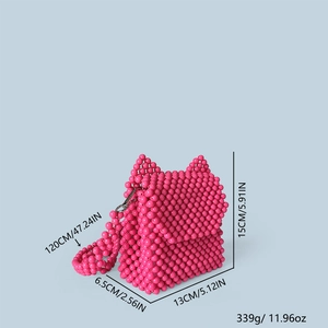 Sac à bandoulière rose en perles avec oreilles de chat affichant les dimensions précises
