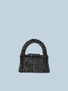 Handmade black acrylic beaded mini tote bag with trapezoid shape and glossy finish