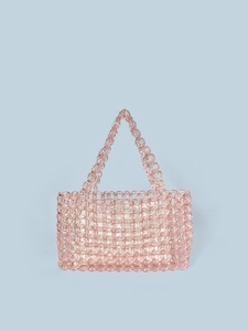 Women Handmade Acrylic Crystal Beaded Woven Handbag With Inner Pouch Cute Urban Minimalist Hollow Out Tote Bag For Daily Party