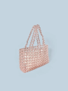 Handmade pink crystal beaded tote bag with geometric texture and smooth inner lining