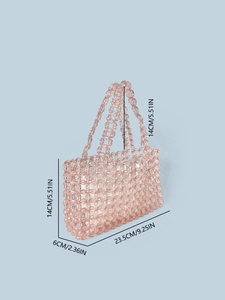 Pink handmade crystal beaded handbag for women with internal zipper pouch and size guide