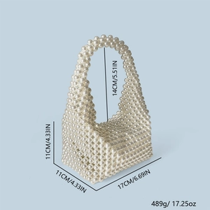 Detail showing dimensions of the handmade faux pearl Boston bag with pearl handle