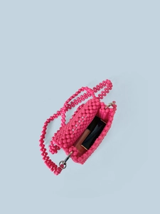 Mini sac perlé fait main fuchsia avec oreilles de chat et bandoulière pour rouge à lèvres