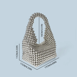 Detailed dimensions of silver beaded Boston bag showing 17cm length and 14cm handle height