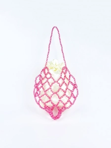 Pink Beaded Shoulder Bag Handmade Acrylic Beads Hollow Mesh Handbag With Satin Drawstring Inner Pouch Women Sweet Style