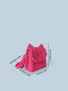 Mini sac perlé à oreilles de chat rose avec sangle et dimensions détaillées
