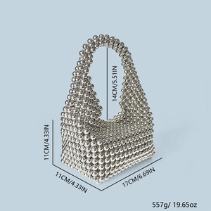 Detailed size chart for the silver beaded half-moon handbag with exact dimensions
