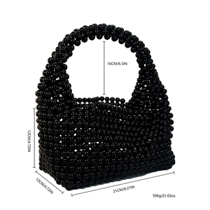 Detailed dimensions of handmade black beaded evening bag with glossy pearls and curved design