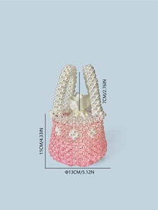 Handmade pink crystal beaded beach bag with pearl handle and inner drawstring bag