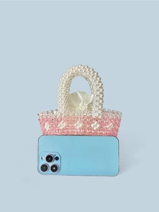 Handmade pink and white beaded mini beach bag with pearl handle and inner drawstring