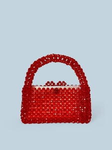 Sac à main artisanal en perles rouge rubis avec texture tissée et poignée supérieure