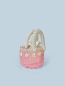 Handmade beaded bag with pink crystal beads, white pearls, and a satin drawstring liner