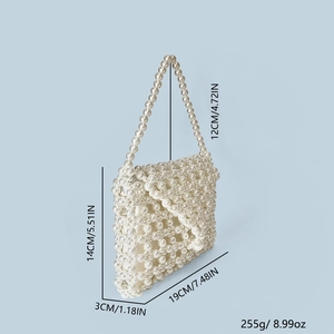 Detailed dimensions of the handmade white faux pearl beaded evening handbag