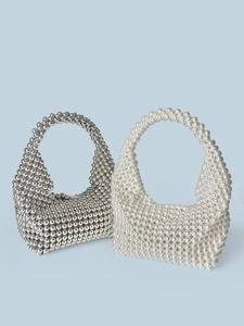 Handmade Beaded Handbag Faux Artificial Pearl Metallic Beads Evening Bag For Women Elegant Retro Wedding Party Hand Tote Bag
