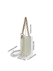 Detailed dimensions of the handmade pearl woven phone bag with gold chain and strap