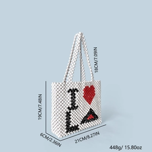Detailed dimensions of handmade white beaded tote bag with I heart LA design pattern