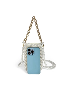 Detail of white handmade pearl beaded phone bag with gold chain and silk lining interior
