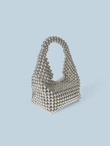 Handmade silver beaded hobo bag with polished metallic beads and integrated handle