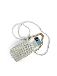 White handmade pearl phone bag with satin lining and dual metal chain straps