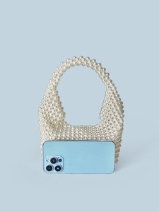 Handmade imitation pearl beaded handbag in Boston style with a half-round curved design