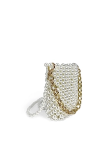 Detail of handmade pearl beaded evening bag with golden chain and cross-body strap