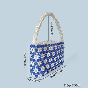 Detailansicht der gewebten Perlenhandtasche mit Abmessungen und Gewichtsangaben
