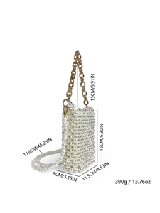 Detailed dimensions of white pearl beaded bag with gold chain and strap length