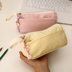 Large capacity plush pencil case with cute cloud pendant and multi-layer zippers