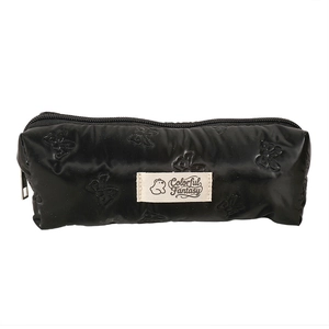 Glossy black pencil case with butterfly embossing and cute bear logo patch