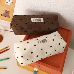 Large Capacity Corduroy Pencil Case Polka Dot Pattern Stationery Pouch Bag For School Students Cute Zipper Organizer