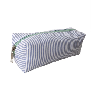Blue and white seersucker striped pencil case with large capacity and green zipper