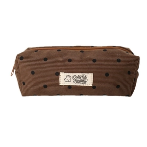 Brown corduroy polka dot pencil case with Colorful Fantasy bear label and large capacity