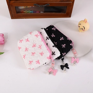 Chic bow print pleated pouch set with pearl zipper charms in three colors