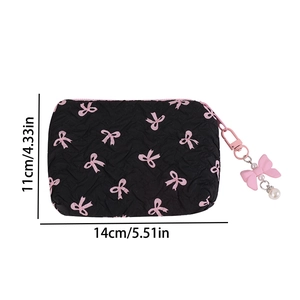 Quilted black pouch with pink bow prints and pearl charm showing 14x11cm dimensions