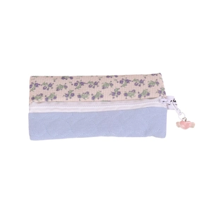 Floral patchwork stationery pouch with heart quilting and a cute pink wing pendant