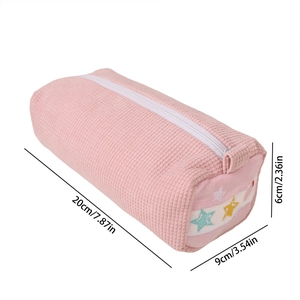 Detailed view of pink strawberry pencil case dimensions 20x6x9cm with star embroidery
