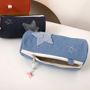 Denim star large capacity pencil case for students in dark and light blue denim