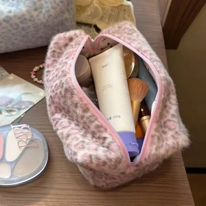 Leopard Print Plush Cosmetic Bag Large Capacity Faux Fur Makeup Pouch With Polka Dot Lining For Women Travel Portable