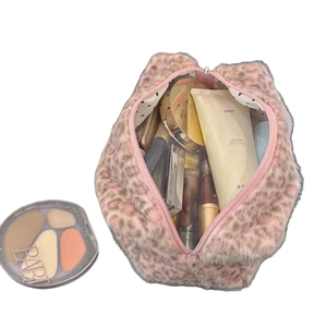 Pink leopard plush makeup bag with large capacity for travel cosmetics storage