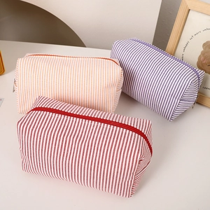 Minimalist striped canvas pencil case set with white zipper for stationery storage