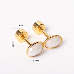 Gold oval stud earrings with white shell inlay featuring precise 12mm length dimensions
