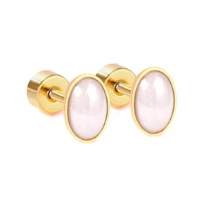 Gold oval earrings with white shell inlay and secure screw back closure for women