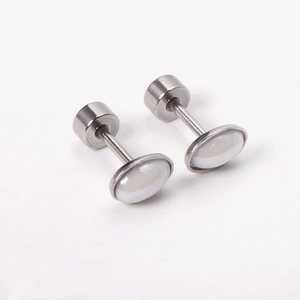 Minimalist stainless steel stud earrings featuring oval white shell inlay and screw back closure