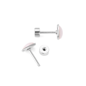 Detailed macro view of silver screw-back earrings with oval pink shell stones